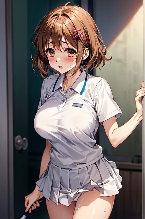 NSFW、独奏、tennis、tennisウェア、Toned body、Bare thighs、(Panty shot、White panties、Panties transparent with sweat、Mansuji)、（tennisウェア、White polo shirt、Big Breasts、White Micro Mini Skirt White、White pleated skirt White）、シャツ越しに透けたBig Breasts、(short hair、Brown Hair、Ba...