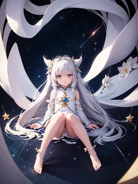 Little Loli，masterpiece, high resolution, best quality, Very detailed,wallpaper，Space starry sky background，Cute and cute，A body made of white jade，Silver long hair，Height one meter five，V-shaped jumpsuit，Full body picture,No shoes，Very small feet，Feet mad...