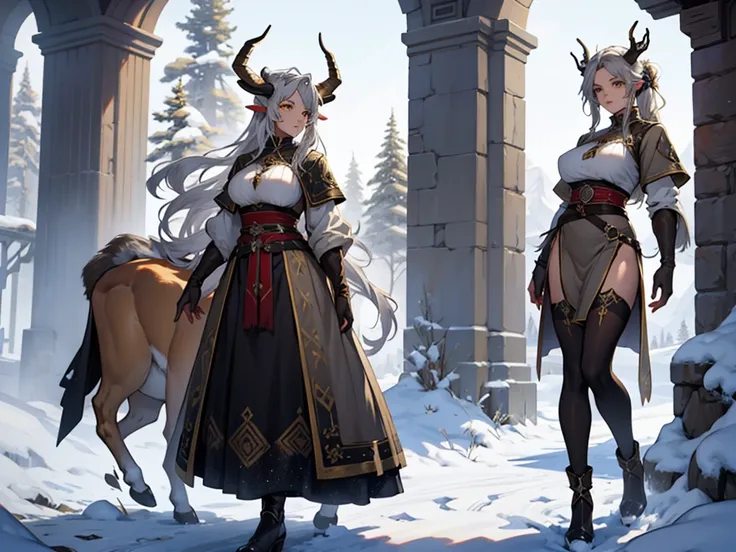 beautiful faun girl 25 years old, measures 185 cm antelope horns, huge breasts, gray hair tied up, medieval fantasy winter clothes and yellow eyes on full body