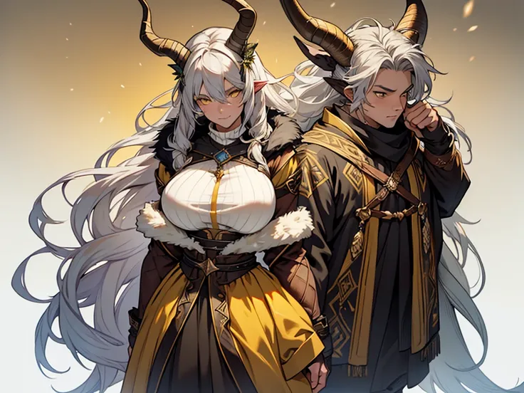 beautiful faun girl 25 years old, measures 185 cm antelope horns, huge breasts, gray hair tied up, medieval fantasy winter clothes and yellow eyes on full body