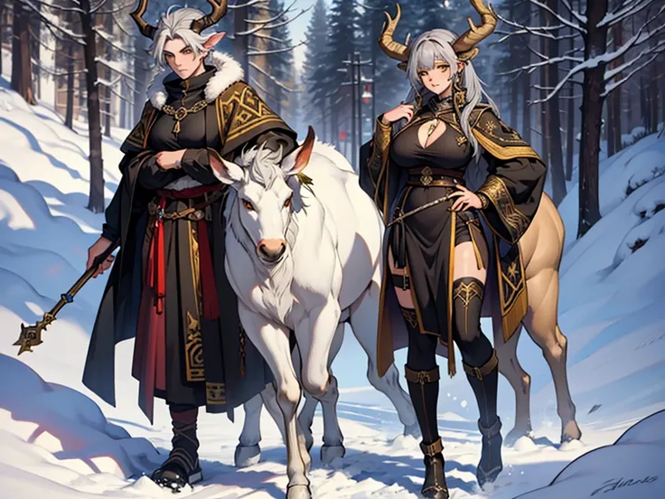 beautiful faun girl 25 years old, measures 185 cm antelope horns, huge breasts, gray hair tied up, medieval fantasy winter clothes and yellow eyes on full body