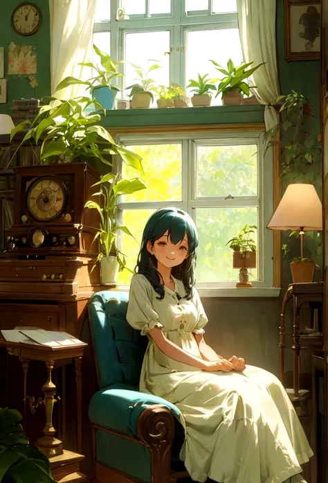 pretty girl,high resolution,Smile brightly,A calm lo-fi girl sitting by a window with soft sunlight streaming in, Immerse yourself in music, A vintage room filled with records and plants, Evokes a sense of nostalgia and relaxation, figure, Digital Art, --1...