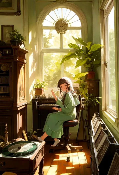 pretty girl,high resolution,Smile brightly,A calm lo-fi girl sitting by a window with soft sunlight streaming in, Immerse yourself in music, A vintage room filled with records and plants, Evokes a sense of nostalgia and relaxation, figure, Digital Art, --1...