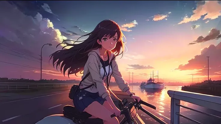 Anime girl riding a boat on the road with a sunset background, Makoto Shinkai Cyril Rolland, Lads and Lois Van Baarle, Gwaiz, Aenami Arena, Lo-fi Girl, style of Aenami Arena, artwork in the style of Gwaiz, ( ( makoto shinkai ) ), Lo-fi art style