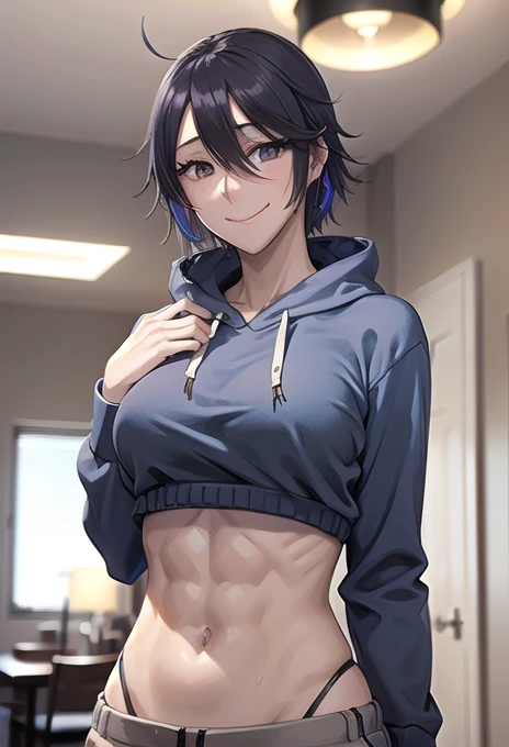 masterpiece, 1girl, solo, highlights in the eyes, smile, blue hoodie, white t-shirt, gray sweatpants, purple and blue two-tone hair, black back of hair, disheveled hair, indoor, in a living room, sexy, 8k, belly button, slim, beautiful skin, abs