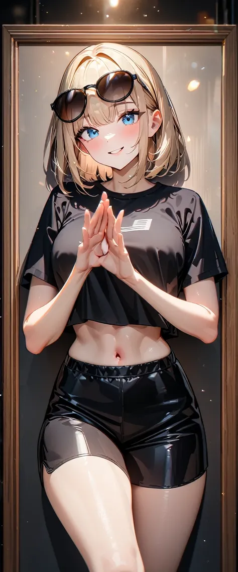 (((One girl))), beach, blond hair, bob cut, breasts, from front, (cowboy shot), glamor, (looking at viewer), ((black shorts)), ((black crop top overhang)), short sleeves, Casual Stance, ((sunglasses)), hand to sunglasses, midriff peek, teenager, head tilt:...