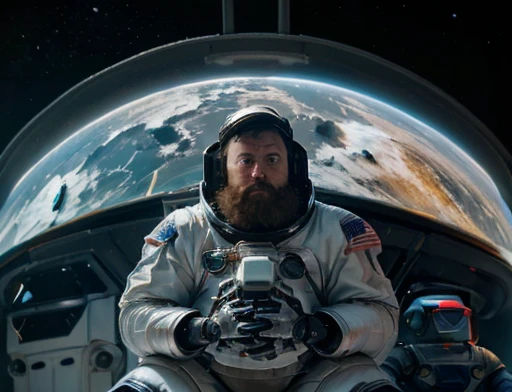  (((Bearded, chubby astronaut with extremely thick thighs is kneeling with his hand on his chest feeling a lot of pain))), icy mountains snowy place, the Astronaut using binoculars to observe( frontal image) Holding a pair of binoculars. dynamic photograph...