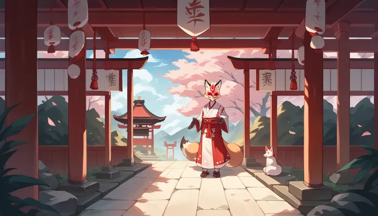 Japanese shrine, miko, fox mask