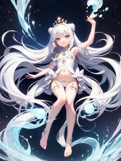 Little Loli，masterpiece, high resolution, best quality, Very detailed,wallpaper，Space starry sky background，Cute and cute，A body made of white jade，Silver long hair，Height one meter five，V-shaped jumpsuit，Full body picture,No shoes，Very small feet，Feet mad...