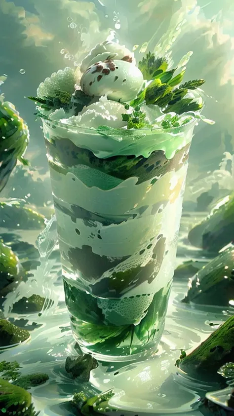 there is a glass of ice cream with a green plant in it, beautiful green liquid, inspired by Yanagawa Nobusada, highly realistic concept art, photoshop water art, 3 d render and matte painting, green water, water art manipulation, highly realistic digital a...