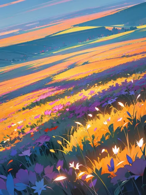 Generates a beautiful landscape image of an illuminated field with many flowers at a semi-high angle 