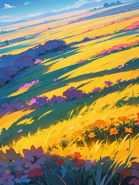 Generates a beautiful landscape image of an illuminated field with many flowers at a semi-high angle 