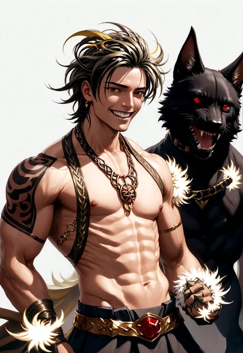 an attractive man with red eyes, looking 20 years old, cinnamon brown skin, teeth with prominent fangs, elegantly cut short black hair, Medium build and tall with defined muscles, and wearing dark red armor with black and gold that reveals certain parts of...