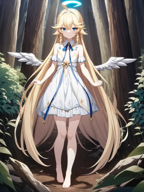 zaora, blue eyes, (variegated eyes:0.5), blonde, very long hair, twin blade, bangs, ahoge, hello, angel, flat chest, white dress...