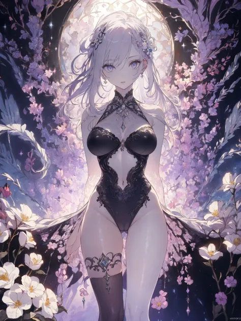 (with a woman in the bottom right of photo:1.5, in white garden:1.5), Masterpiece, best quality, (very detailed CG unity 8k wallpaper), (best quality), High definition RAW color art, Animation,sculptures, (black Marble Skin), (((Ultra detailed elegant))), ...