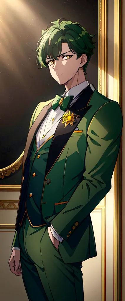 a baby boy with dark green hair, yellow eyes, wearing a prince suit jacket and pants, (best quality,4k,8k,highres,masterpiece:1.2),ultra-detailed, adorable expression, peaceful, soft lighting, 