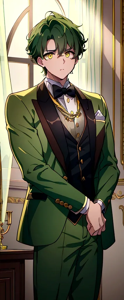 a baby boy with dark green hair, yellow eyes, wearing a prince suit jacket and pants, (best quality,4k,8k,highres,masterpiece:1.2),ultra-detailed, adorable expression, peaceful, soft lighting, 