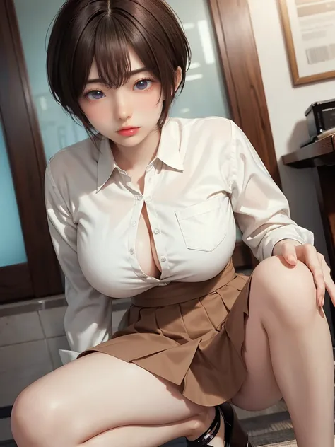 Japanese Idols　Mature Woman　(short hair)　(Pixie Cut)　plump　　Attractive appearance　Short brown hair with bangs　Rimless Glasses　Big eyes　Expressions of joy　　Big Breasts　A formal outfit that combines a fitted shirt with a flared skirt　In the office conference...