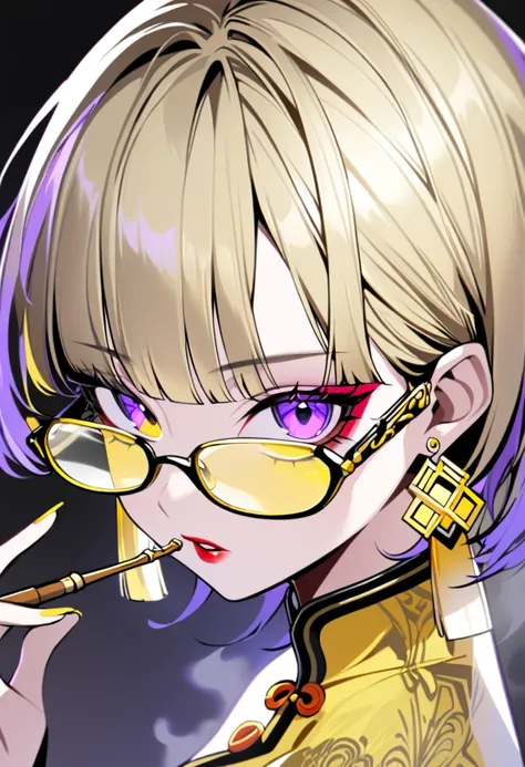 1solo,1girl,smoke,smoking pipe,(((yellow glasses:1.3))), headphone, short hair, blunt bangs,holding,looking at viewer,jewelry,earrings,holding smoking pipe,parted lips,smoking,kiseru,chinese clothes,hair between eyes,darkness background,portrait,simple bac...