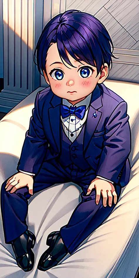 a baby boy with dark purple hair, blue eyes, wearing prince suit