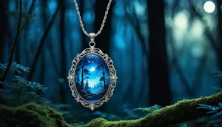 Highest quality　A blue pendant that emits a faint light　Fantasy　The background is a night forest