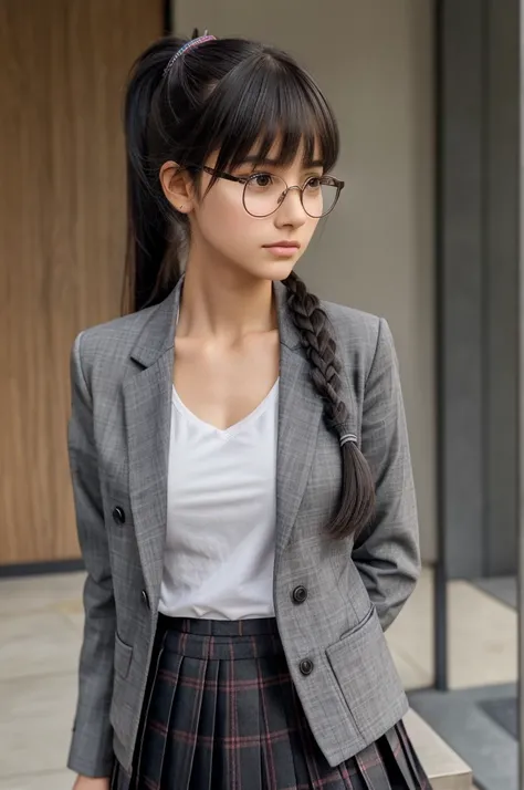 KR-PNY, Ridiculously long ponytail, Parted bangs, 1girll, , dark grey open jacket, dark grey blazer, Pleated skirt, plaid skirts, circle-glasses, Reading a book, Shy and quiet girl, Look into the distance, very detail hair, intricate detailes, masutepiece,...