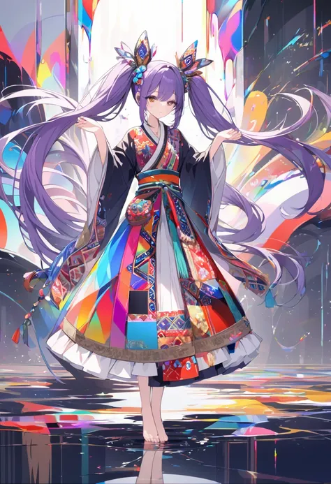 (absurdres, highres, ultra detailed), (1girl:1.3), twintails, purple hair, BREAK , glitch art, digital distortion, pixelated fragments, data corruption, colorful noise, visual chaos, contemporary aesthetics BREAK , enamel art, glass-like surface, vibrant c...