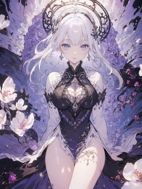 (with a woman in the bottom right of photo:1.5, in white garden:1.5), Masterpiece, best quality, (very detailed CG unity 8k wallpaper), (best quality), High definition RAW color art, Animation,sculptures, (black Marble Skin), (((Ultra detailed elegant))), ...