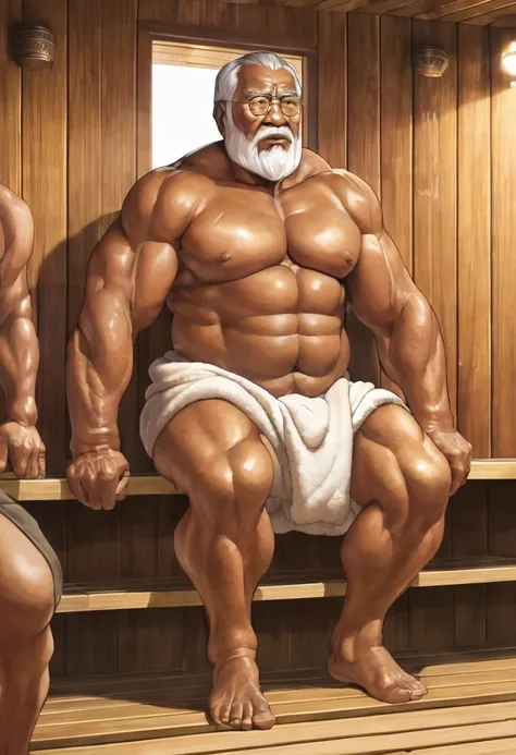 Full body shot of old giant sitting in sauna。Just as big，Too much muscle。The bronzed old man in shorts has a particularly large body。Strong and powerful, hard like a piece of iron, well-developed, full of strength, with a lot of flesh, and black skin。The w...