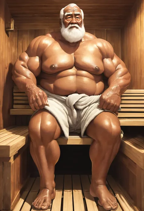 Full body shot of old giant sitting in sauna。Just as big，Too much muscle。The bronzed old man in shorts has a particularly large body。Strong and powerful, hard like a piece of iron, well-developed, full of strength, with a lot of flesh, and black skin。The w...