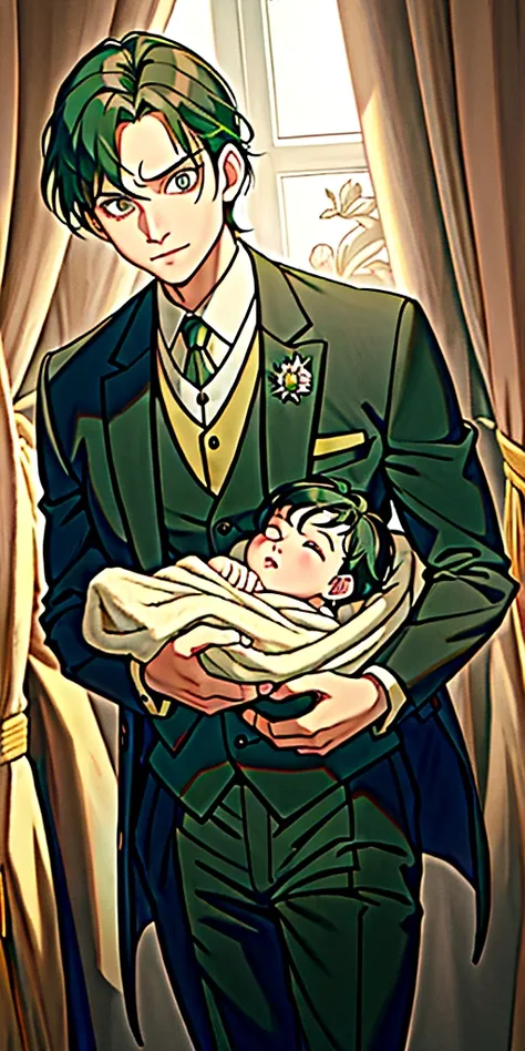 NEWBORN BABY boy, dark green hair, wearing prince suit