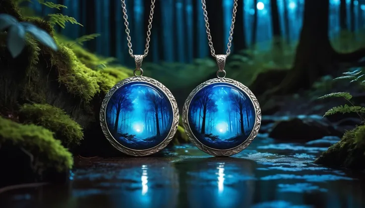 Highest quality　A blue pendant that emits a faint glow　Fantasy　The background is a night forest