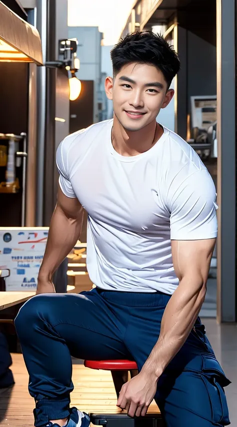 korea male male model sit on the table , big muscles, handsome, cool, smoothly combed hair, pierced ears, wearing a t-shirt navy...