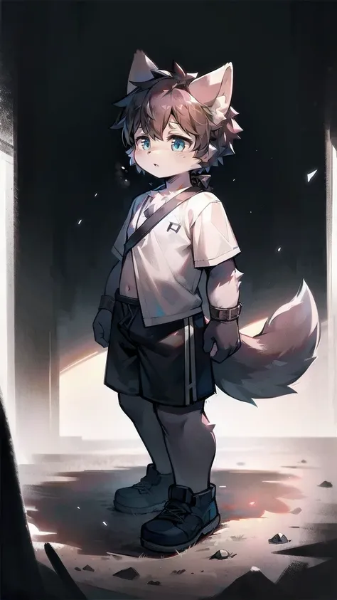 White Wolf，black hair，Sky blue eyes，hairy，Wolf ears，Wolf tail，Full body portrait，The character is in the center of the frame，Handsome，Confident eye***but，juvenile，Black and white combat uniform，Red neck bib，Black shorts，Short sleeve，hairy arms and legs，Dar...