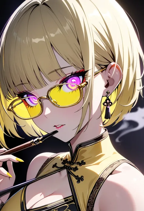 (masterpiece, sidelighting, finely detailed beautiful eyes: 1.2),1solo,1girl,smoke,smoking pipe,(((yellow glasses:1.3))), headphone, short hair, blunt bangs,holding,looking at viewer,jewelry,earrings,holding smoking pipe,parted lips,smoking,kiseru,chinese ...