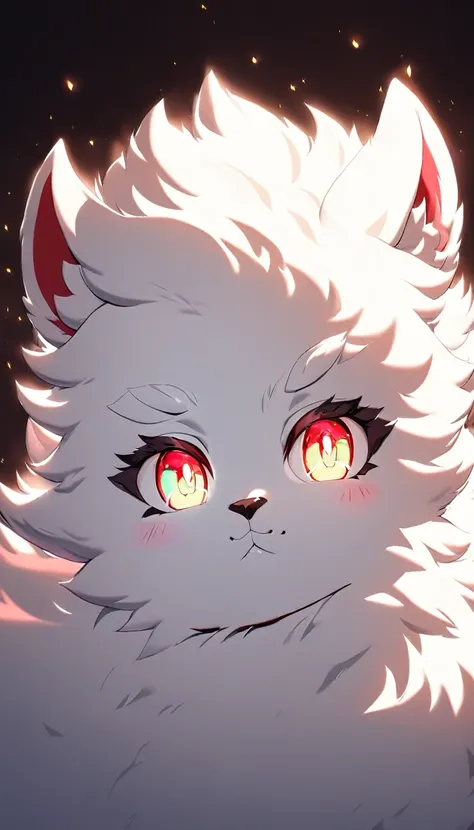 furry, white fur, ultra cute face, red elements on fur, glowing t-shrt, beautiful lights and shadows, ambient light, ultra detailed fur, volumetric light