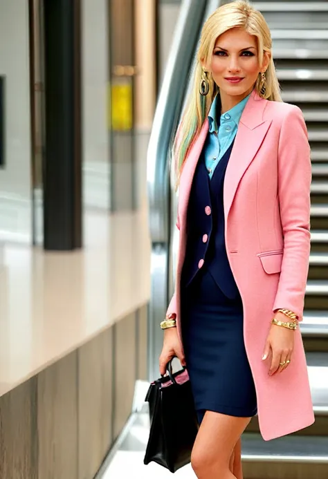 (pretty woman, twin tails, blonde hair, multicolored hair), break, (navy-blue blazer, pink shirt with navy-blue tie, navy-blue p...