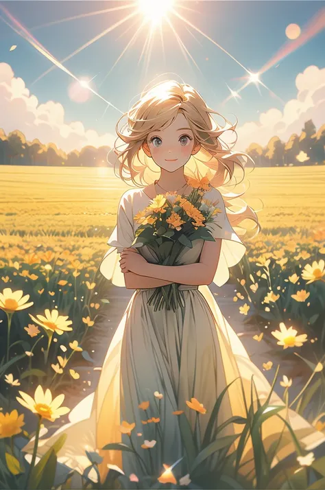 a field of flowers with the sun shining in the background, bright sunny summer day, 🌺 cgsociety, sunny meadow, bright and sunny day, sunny day time, bright summer day, in a sunny day, bright sunny time, beautiful sunny day, on a sunny day, bright sunny day...