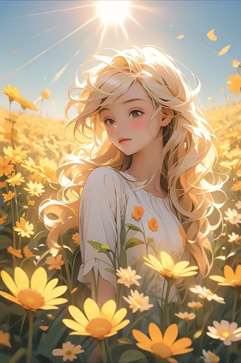 a field of flowers with the sun shining in the background, bright sunny summer day, 🌺 cgsociety, sunny meadow, bright and sunny day, sunny day time, bright summer day, in a sunny day, bright sunny time, beautiful sunny day, on a sunny day, bright sunny day...