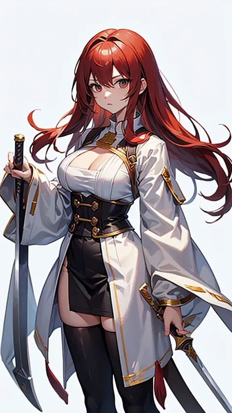 （whole bodyポートレート：1.5），jRPG Characters, jRPG Characters art, RPG Characters, whole body側面図, ((Pause)), Red hair, (To the camera), Character Design, ((Female Swordsman), Character Design, (Medieval), whole body, Holding a sword, (Perfect quality), Pure whit...