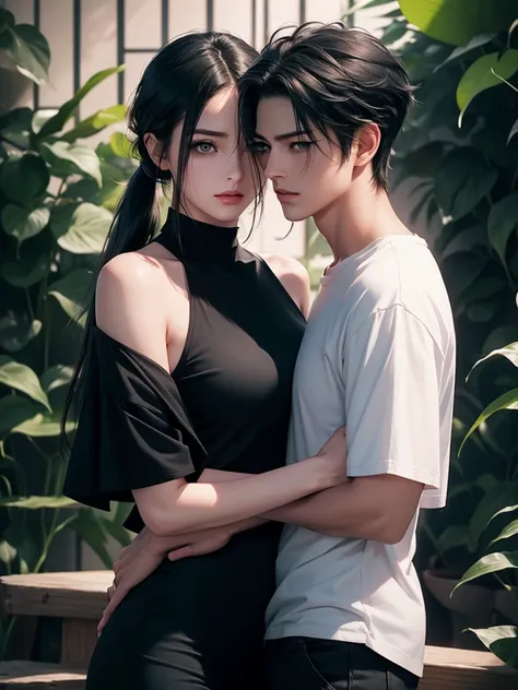 A tall handsome young man with black hair, with long black hair gathered in a tight ponytail, short bangs, black eyes, he is wearing a white T-shirt and white jeans, he hugs an incredibly beautiful tall pink hair femme fatale young woman with a very short ...