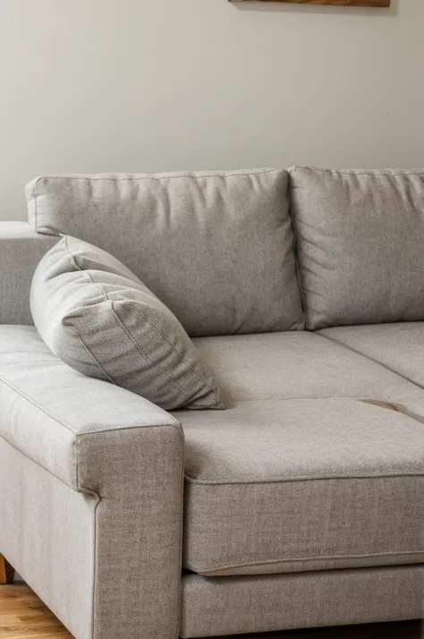 large gray couch against off white wall. wooden kitzch on the wall behind couch, ULTRA DETAILED Up close to viewer, looking straight at couch not angled