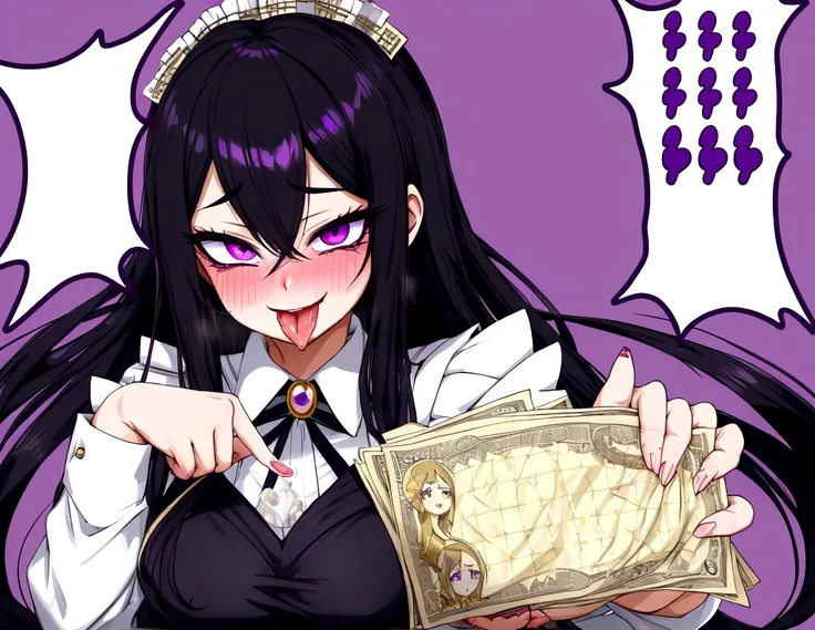 A ahegao maid blushing holding money and excited. black long hair and purple eyes. Anime Art Style. Purple Background with much money and gold.