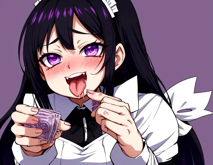 A ahegao maid blushing holding money and excited. black long hair and purple eyes. Anime Art Style. Purple Background.