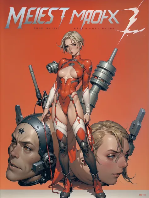 A athletic 25-year-old Russian warrior woman almost naked in the Simon Bisley style for the cover of Heavy Metal magazine, bare thighs, garter belt, super short blonde hair, Minimum clothing, red carbon fiber clothing in chevron pattern, ((((red clothing))...