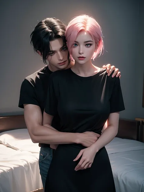 A tall handsome young man with black hair, with long black hair gathered in a tight ponytail, short bangs, black eyes, he is wearing a white T-shirt and white jeans and he hugs an incredibly beautiful femme fatale young woman, she has a pink hair with a ve...