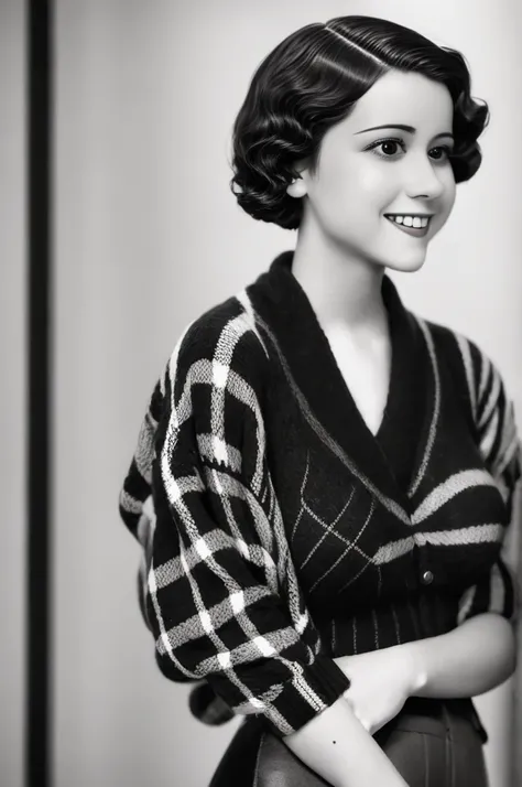 a black and white photo of a woman with a plaid sweater, 1 9 3 0 s haircut, 1 9 4 0 s haircut, 1 9 2 0 s hairstyle, taken in the early 1930s, in her early 20s, 1930s photograph, september 1937, 1930s film still