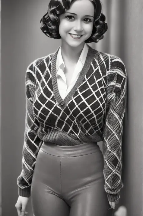 a black and white photo of a woman with a plaid sweater by Albert Nemethy, flickr, op art, 1 9 3 0 s haircut, 1 9 4 0 s haircut, 1 9 2 0 s hairstyle, taken in the early 1930s, in her early 20s, 1930s photograph, september 1937