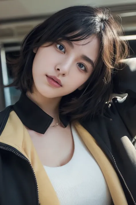 (award winning, 8k, super detailed, high resolution, best quality, photography, portrait), 1girl, solo, beautiful girl, beautiful eyes, detailed eyes, (black eye), jacket, short hair, black hair, at bus station, POV, ((arm wide open))