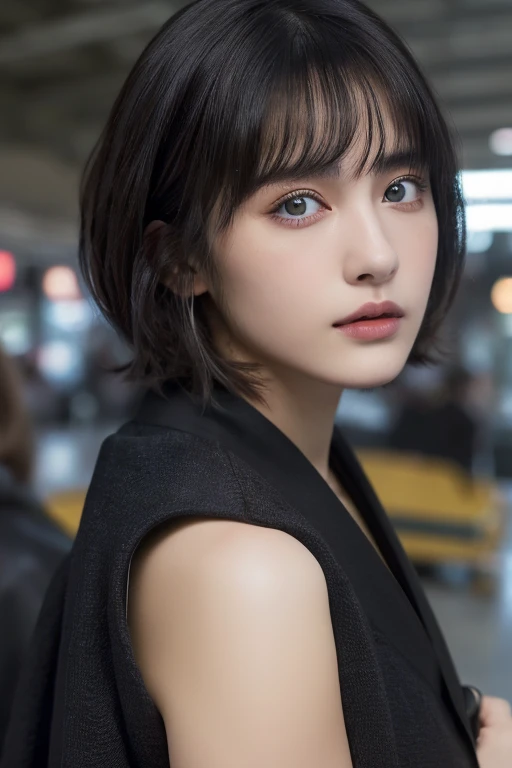 (award winning, 8k, super detailed, high resolution, best quality, photography, portrait), 1girl, solo, beautiful girl, beautiful eyes, detailed eyes, (black eye), jacket, short hair, black hair, at bus station, POV, ((arm wide open))